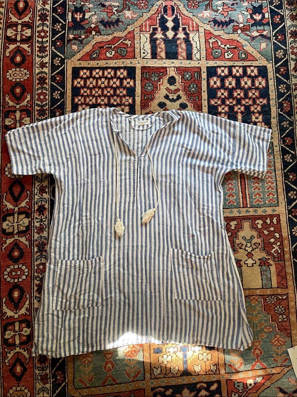 Blue and White Striped Linen Caftan with Tassel Tie